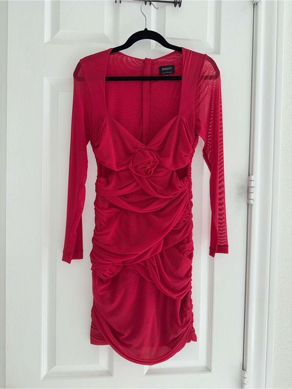 Bardot Red Mesh Long-Sleeve Dress, Size Large